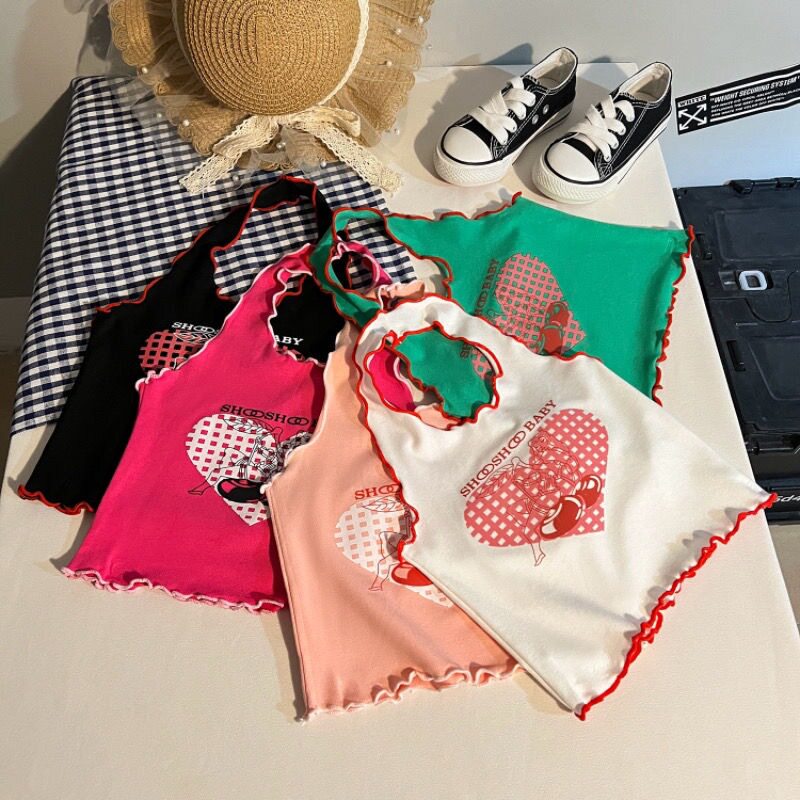 夏女童木耳边挂脖短背心女宝宝洋气吊带衫儿童露背时髦上衣打底衫