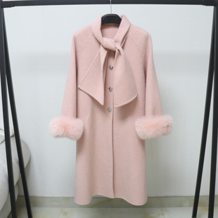 紫如烟狐狸毛袖 富家千金感双面呢羊毛大衣女高级感毛呢外套长款