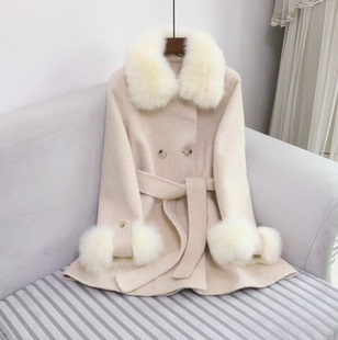 欧洲站chao大狐狸毛领短款羊绒大衣女装显瘦双面羊毛呢外套