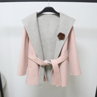 撞色连帽双面羊毛大衣女短款小个子系带秋冬新款羊毛呢子外套
