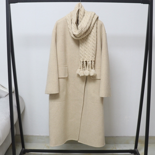 欧洲站秋冬羊毛双面呢中长款外套搭围巾保暖气质毛呢大衣女