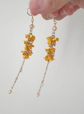 Margot手作夏季超仙黄色小碎花桂花耳夹长款流苏耳钩出游拍照耳环