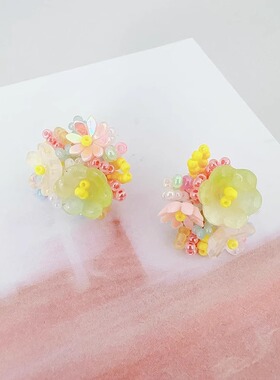 Margot手作虞书欣同款耳环串珠多巴胺花朵耳夹小众设计感耳钉耳饰