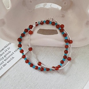 Margot手作复古风红玛瑙串珠磷灰石串珠手链女撞色弹力绳叠带手饰