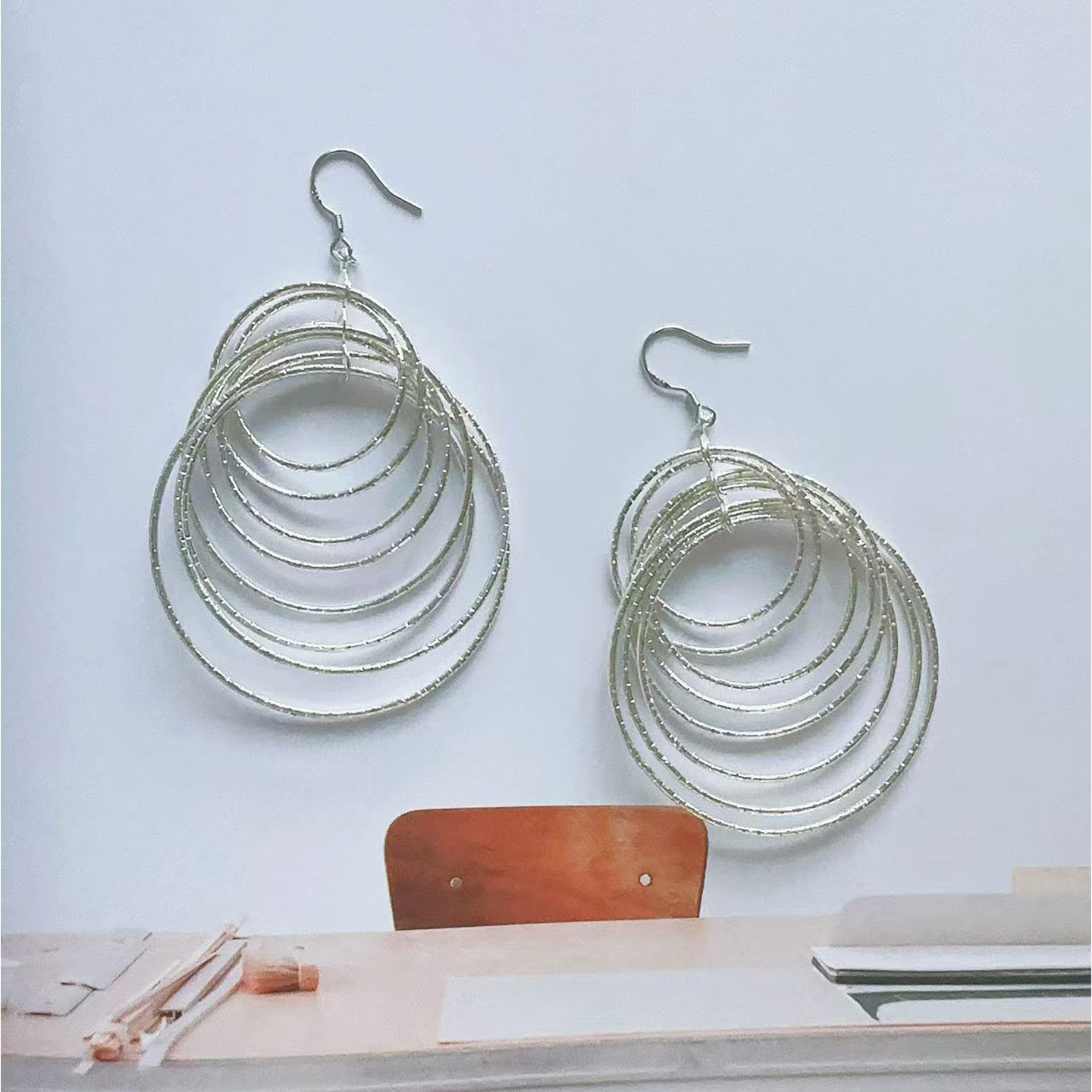 Margot手作时尚银色耳钩多层圆环耳环女素圈个性几何立体耳夹耳饰