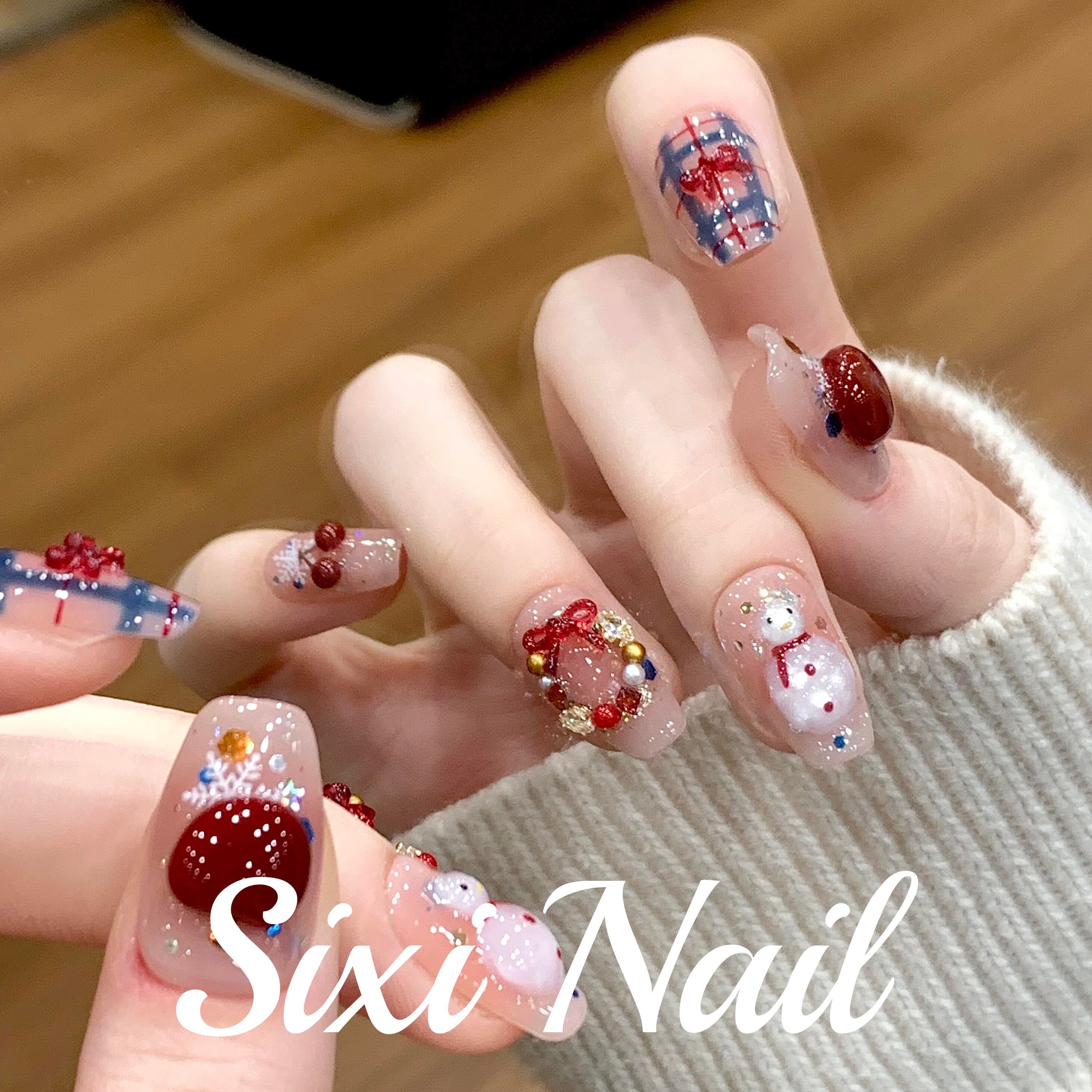 【平安果】圣诞节ins风小雪人纯手工穿戴甲短款美甲贴片假指甲,彩妆/香水/美妆工具,穿戴甲/甲片,淘宝优惠券,粉丝福利购,淘宝优惠卷