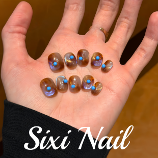 复古蓝调晕染 美甲贴片假指甲 氛围感ins风琥珀色纯手工穿戴甲短款