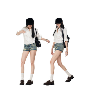 PEMPL·姐系隐衬 卷边半袖立体袋白衬衫女带垫肩通勤宽松显瘦衬衣