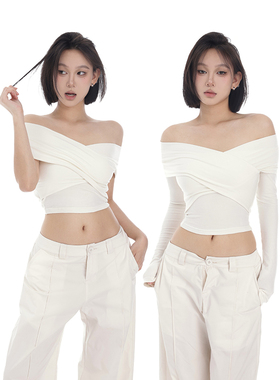 PEMPL 长袖针织上衣修身显瘦百搭打底衫春夏一字肩套头气质内搭潮