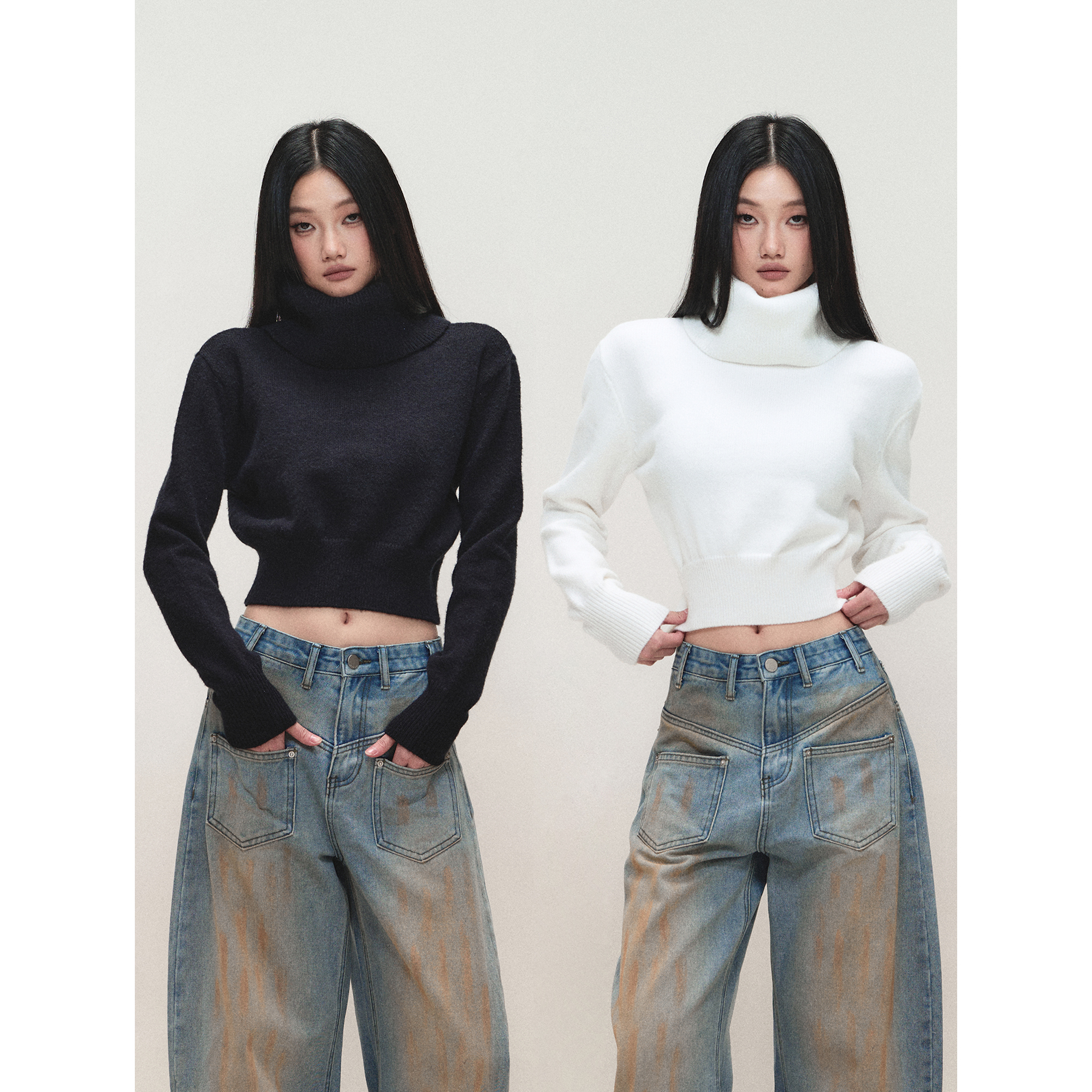 PEMPL暖冬纯色高领针织上衣下摆松紧宽松长袖短款毛衣外套