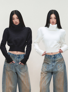 PEMPL暖冬纯色高领针织上衣下摆松紧宽松长袖短款毛衣外套