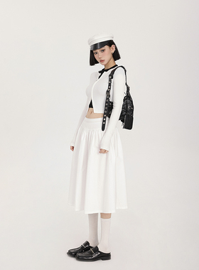 PEMPL半身裙女春季新款白色低腰极简轻薄中长款蓬蓬裙显瘦a字裙子