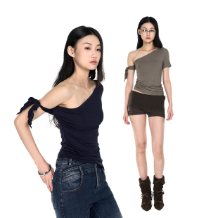 PEMPL·莫代尔斜肩收腰褶皱绑带设计感上衣修身 弹力短袖