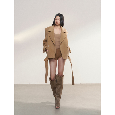 PEMPL·卡其色正肩双排扣戗驳领毛呢外套女短款系带保暖加厚上衣