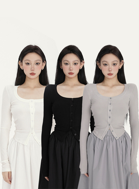 PEMPL 微透方领针织开衫女极简舒适面料单排扣春季新款百搭短上衣