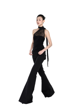 PEMPL·细闪蕾丝拼接抹胸露背挂脖飘带&低腰无弹修身工装喇叭裤