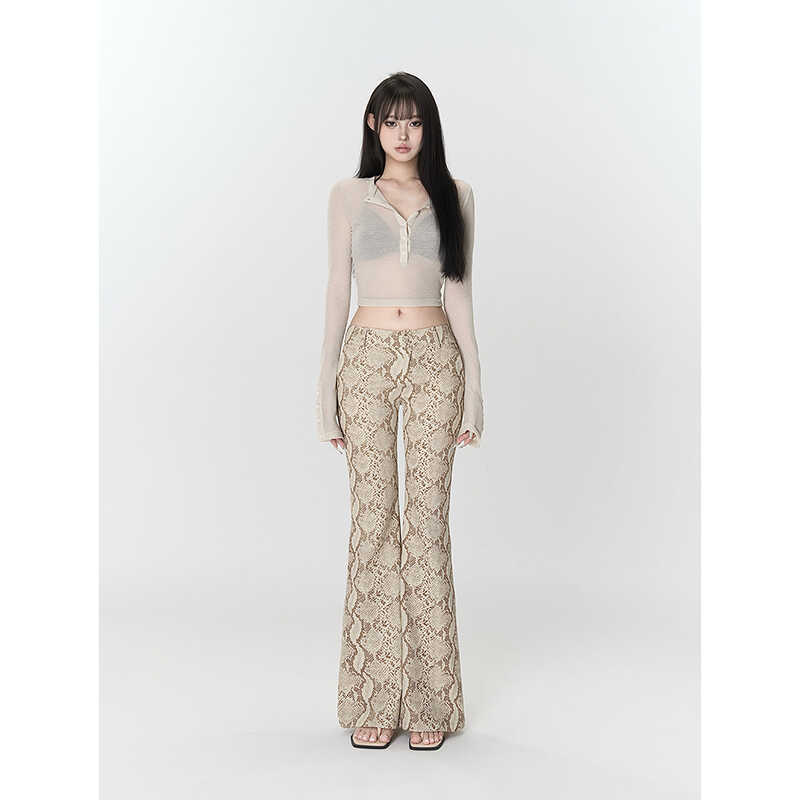 PEMPL美式复古蛇纹印花喇叭裤