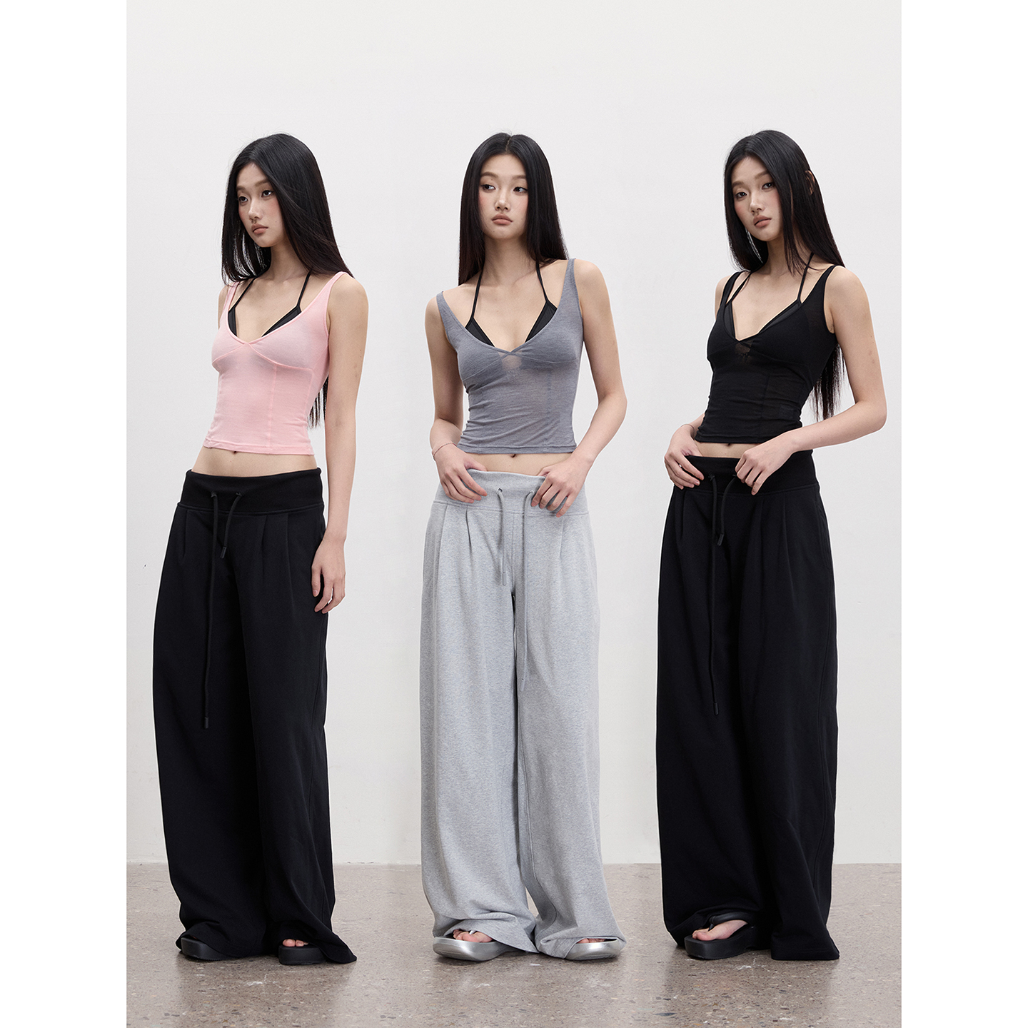 PEMPL·微透轻薄U领弹力吊带上衣 宽腰头捏褶设计宽松阔腿休闲裤