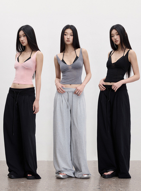 PEMPL·微透轻薄U领弹力吊带上衣 宽腰头捏褶设计宽松阔腿休闲裤