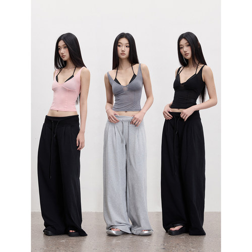 PEMPL·微透轻薄U领弹力吊带上衣 宽腰头捏褶设计宽松阔腿休闲裤