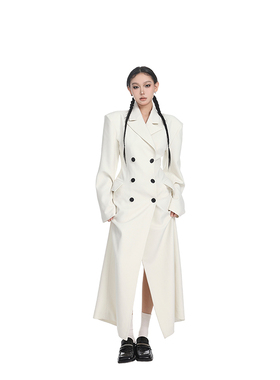 PEMPL 风衣外套女春季新款收腰白色宽松直筒长款双排扣气质大衣潮