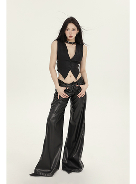 PEMPL 休闲裤女春夏新款低腰皮裤宽松直筒阔腿裤百搭气质PU皮长裤