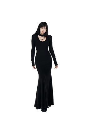 PEMPL·黑天鹅 大U领收腰显瘦连衣裙女春新款修身百搭长裙带围脖