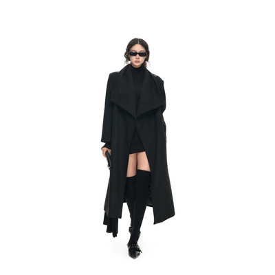 PEMPL·休闲保暖宽松带垫肩大翻领外套带腰带毛呢长款大衣