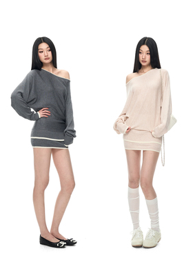 PEMPL 慵懒风两穿撞色边宽松休闲斜肩毛衣女弹力包臀半裙针织套装