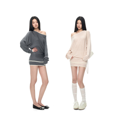 PEMPL 慵懒风两穿撞色边宽松休闲斜肩毛衣女弹力包臀半裙针织套装