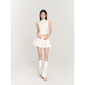 修身 PEMPL白色高腰a字半身裙女夏季 新款 显瘦百褶裙纯色百搭短裙子