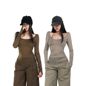 微透辣妹性感上衣女罩衫 修身 长袖 PEMPL·绯闻女友 大U领T恤打底衫