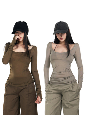 PEMPL·绯闻女友 微透辣妹性感上衣女罩衫修身长袖大U领T恤打底衫