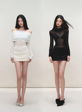 PEMPL·短款羊毛修身包臀毛呢半身裙一字肩修身长袖微透针织上衣