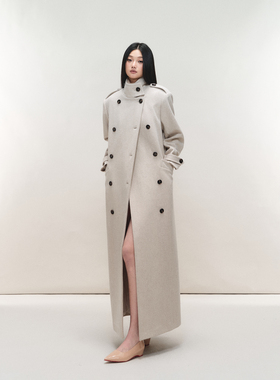 PEMPL·可立领宽松无弹毛呢外套修身显瘦中长款双排扣羊毛呢大衣