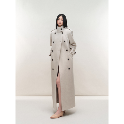 PEMPL·可立领宽松无弹毛呢外套修身显瘦中长款双排扣羊毛呢大衣