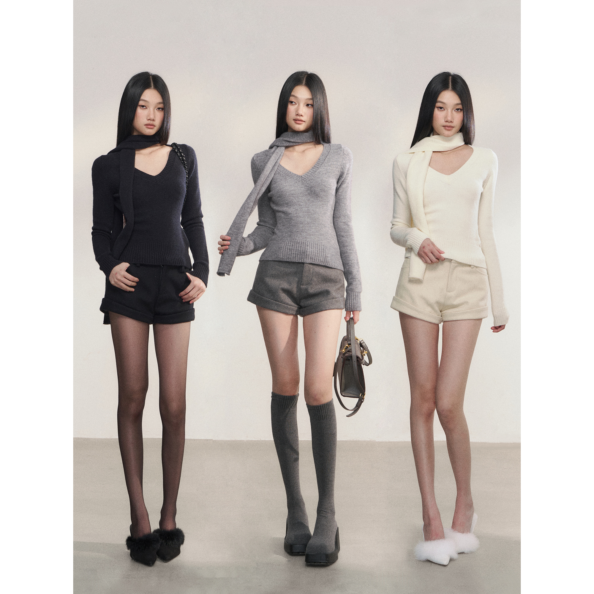 PEMPL 纯色基础款v领修身打底针织衫&低腰性感羊毛包臀短裤套装