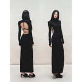 PEMPL性感修身 侧开叉针织长裙打底露背弹力长袖 连衣裙