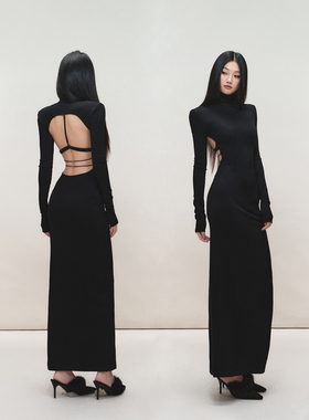 PEMPL性感修身侧开叉针织长裙打底露背弹力长袖连衣裙