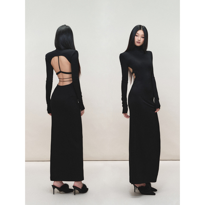 PEMPL性感修身侧开叉针织长裙打底露背弹力长袖连衣裙