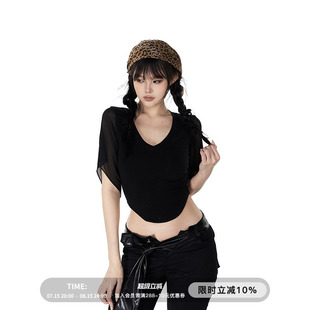 显瘦百搭上衣 PEMPL·别出心裁 V领雪纺拼接收腰T恤女春季 新款 修身