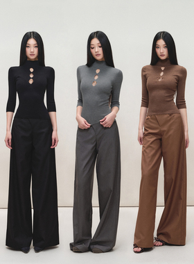 PEMPL纯色斜门襟设计宽松低腰休闲裤显瘦直筒裤职场女性阔腿西裤