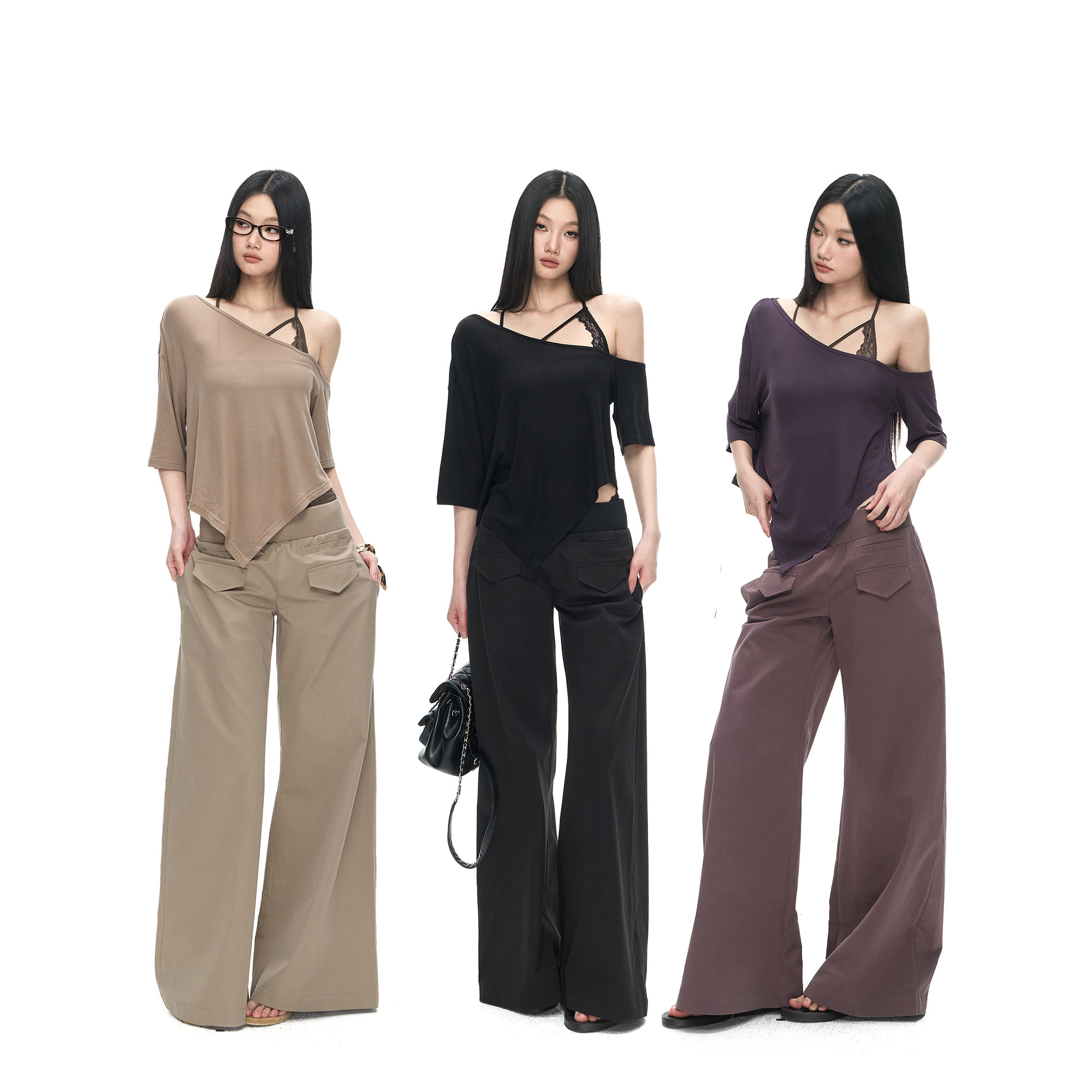 PEMPL 辣妹性感微透视宽松针织斜肩上衣女不规则三色短袖天丝罩衫