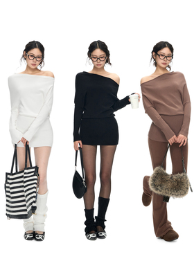 PEMPL 【抗起球】弹力修身针织包臀裙女慵懒风柔软亲肤斜肩连衣裙