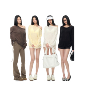 慵懒风圆领针织罩衫 PEMPL 微透视长袖 女宽松可斜肩两穿比基尼上衣