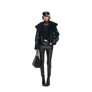 PEMPL 泰迪绒皮毛一体宽松加厚保暖亮皮衣外套女黑色防风夹克上衣