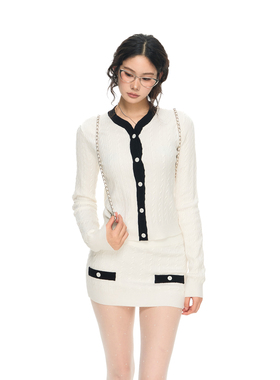 PEMPL 小香风黑白撞色修身弹力绞花针织开衫上衣女包臀半身裙套装