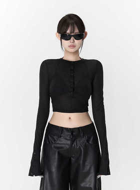 PEMPL微透半开领单排扣短款长袖T恤女秋季新款修身显瘦百搭上衣潮