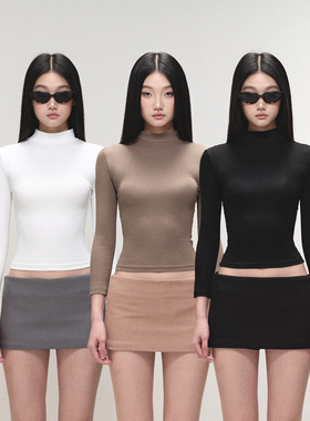 PEMPL·柔软透气亲肤七分袖纯色T恤上衣女高领修身弹力针织打底衫