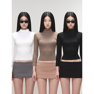 PEMPL·柔软透气亲肤七分袖纯色T恤上衣女高领修身弹力针织打底衫